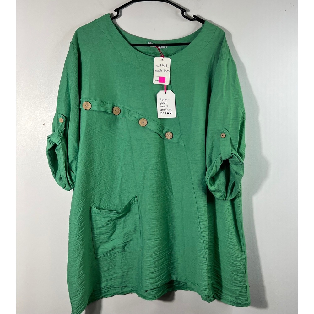 Womens Yolly Italy Lagenlook Tunic Pocket Button‎ details Green OS Crinkly NWT